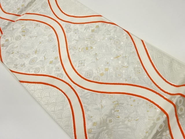 立涌い宝尽くし鶴松竹梅模様織り出し袋帯